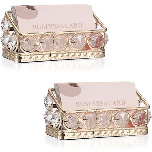 Crystal Glass Metal Business Card Holder Stand Gold Frame Mirror Base Organizer for Desk Office 2-Packs