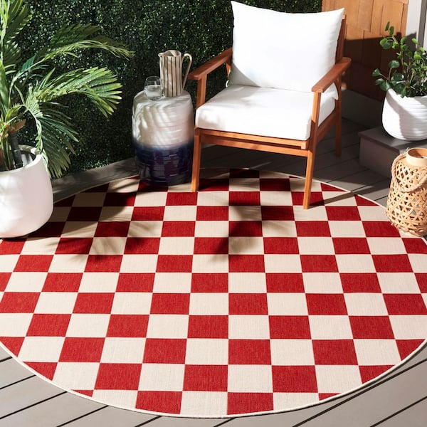 Courtyard Red/Beige 3 ft. x 3 ft. Checkered Indoor/Outdoor Round Area Rug