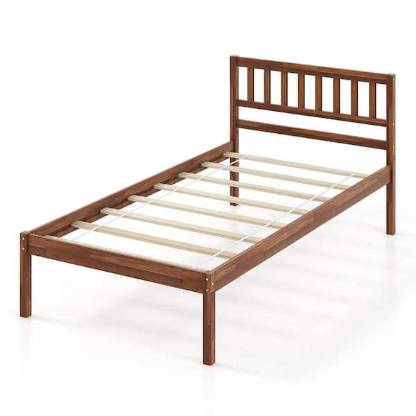Gymax Brown Wood Frame Twin Platform Bed with Headboard Solid Wood Leg Mattress Foundation Walnut