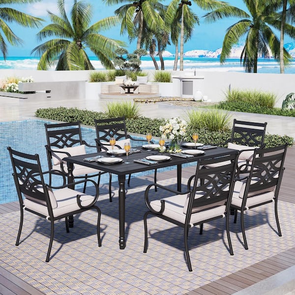 PHI VILLA 7-Piece Metal Patio Outdoor Dining Set with Black Frame Slat Table and Black Stationary Arm Chair with Beige Cushions