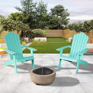 Lanier 3-Piece Green Recycled Plastic Patio Conversation Adirondack Chair Set with a Brown Wood-Burning Firepit