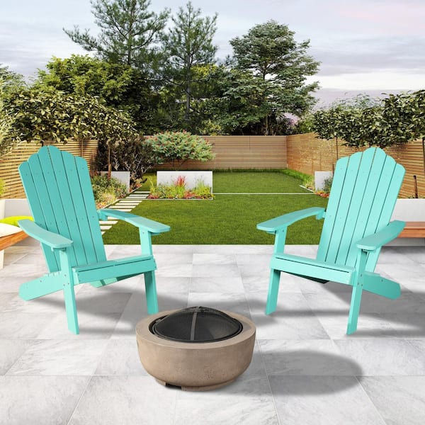 HOOOWOOO Lanier 3-Piece Green Recycled Plastic Patio Conversation Adirondack Chair Set with a Brown Wood-Burning Firepit
