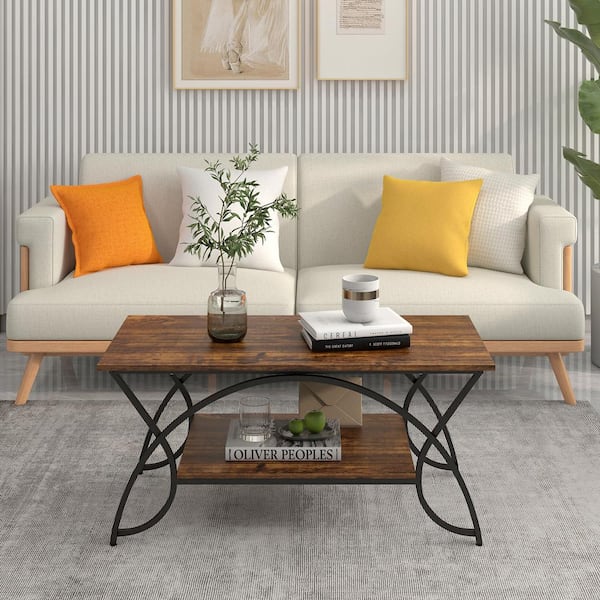 Costway 39.5 in. Rustic Brown Rectangle Particle Board Industrial Coffee Table Cocktail Table with Storage Shelf 2-Tier