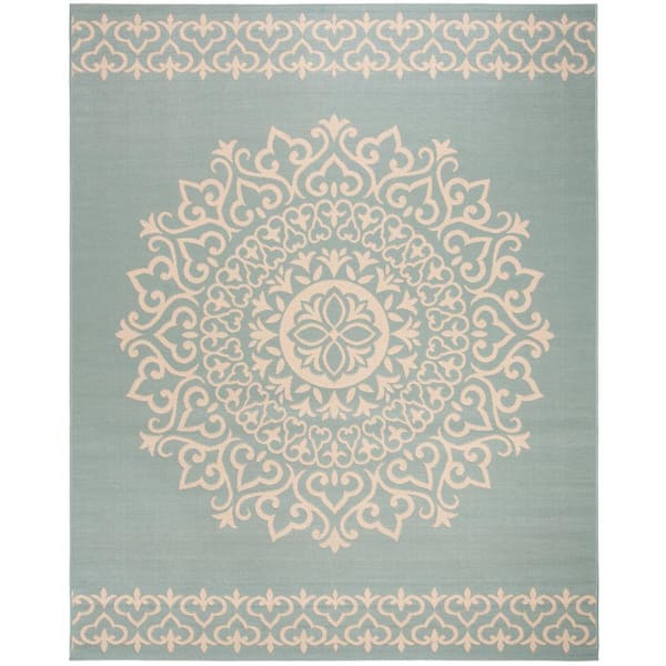 SAFAVIEH Beach House Cream/Aqua 9 ft. x 12 ft. Medallion Indoor/Outdoor Patio  Area Rug