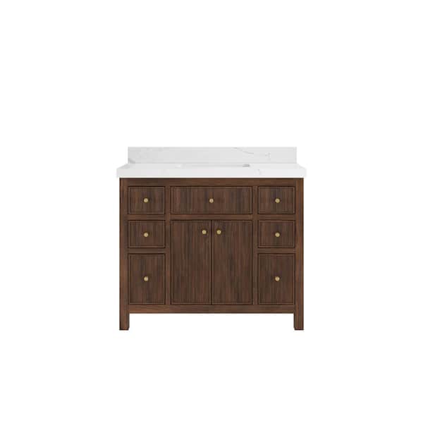 Sonoma Teak 42 in. Single Sink Freestanding Dark Walnut Bath Vanity with Calcutta Laza Quartz Top Unassembled