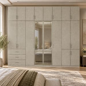 Beige-J Wood 126 in. Armoire with 5-Drawer, Hanging Rods, Shelves, Top Cabinets and Linen Finish for Bedroom Storage