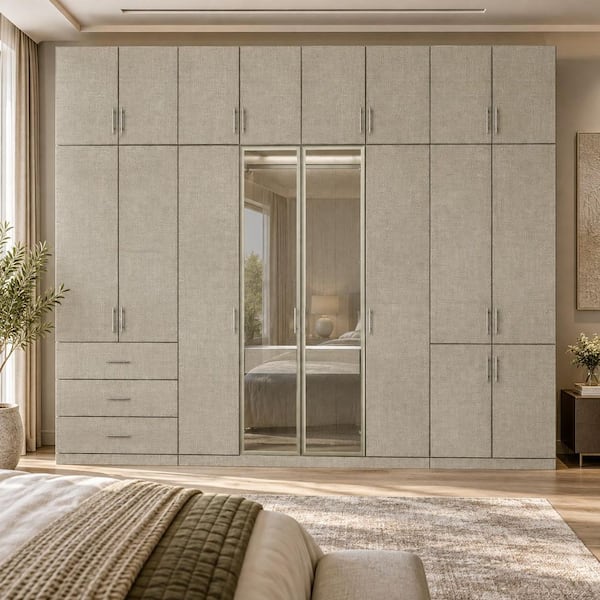 Beige-J Wood 126 in. Armoire with 5-Drawer, Hanging Rods, Shelves, Top Cabinets and Linen Finish for Bedroom Storage