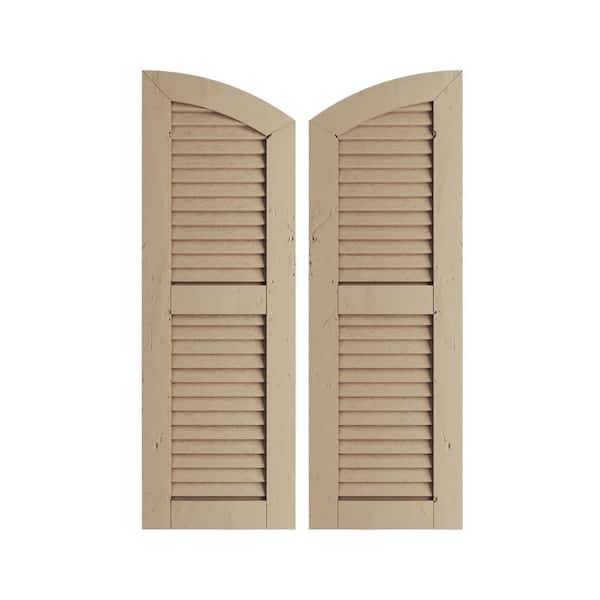 Ekena Millwork 15" x 38" Timberthane Polyurethane Knotty Pine 2-Equal Louvered with Elliptical Top Faux Wood Shutters Pair in Primed