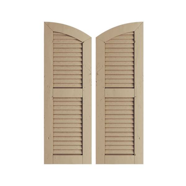 Ekena Millwork 15" x 40" Timberthane Polyurethane Knotty Pine 2-Equal Louvered with Elliptical Top Faux Wood Shutters Pair in Primed