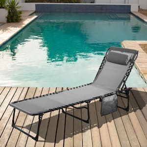 Metal Outdoor Folding Chaise Lounge Chair with Pillow and Pocket in Dark Gray