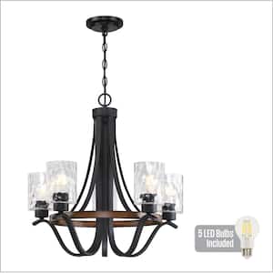 Barnwell 5-Light Textured Iron and Barnwood LED Chandelier with Clear Hammered Glass Shades