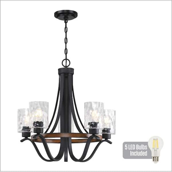 Barnwell 5-Light Textured Iron and Barnwood LED Chandelier with Clear Hammered Glass Shades