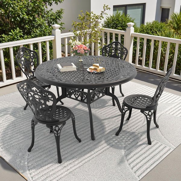 Orchid Black 5-Piece of Cast Aluminum Outdoor Patio Dining Set with 48.03 in. Round Table and Armless Chairs