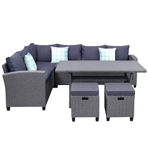 5-Piece Wicker Outdoor Conversation Set, Dining Table Chair with Ottoman Pillows and Gray Cushions