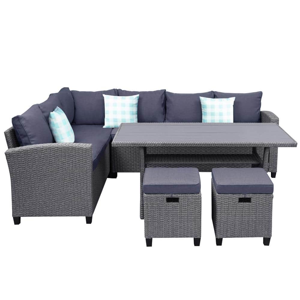5-Piece Wicker Outdoor Conversation Sectional Set Dining Table Chair with G