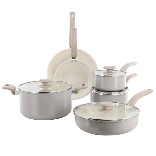 10 Piece Ceramic Nonstick Aluminum Cookware Set in Beige