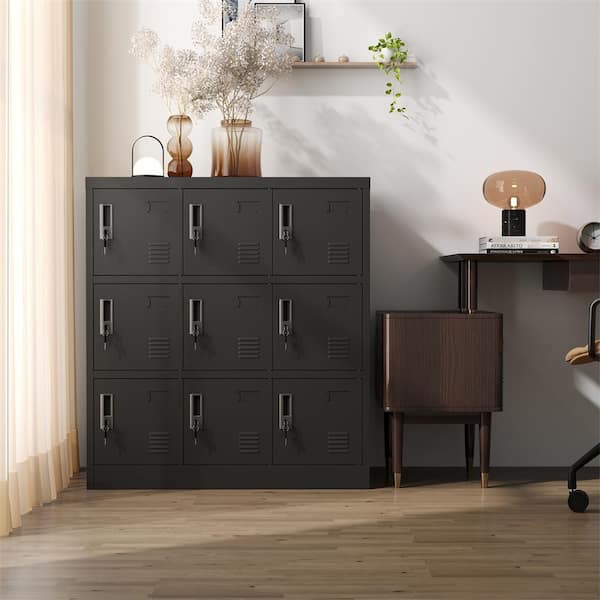 Black 39.4 in. H Metal Office Storage Cabinet Steel Employee Storage Locker with 9 Doors