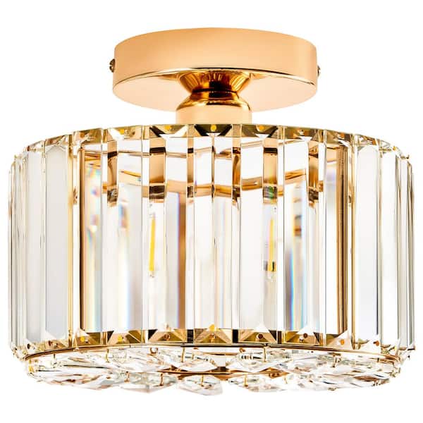 9.3 in. 1-Light Gold Crystal Semi Flush Mount Ceiling Light With Clear Glass Shade