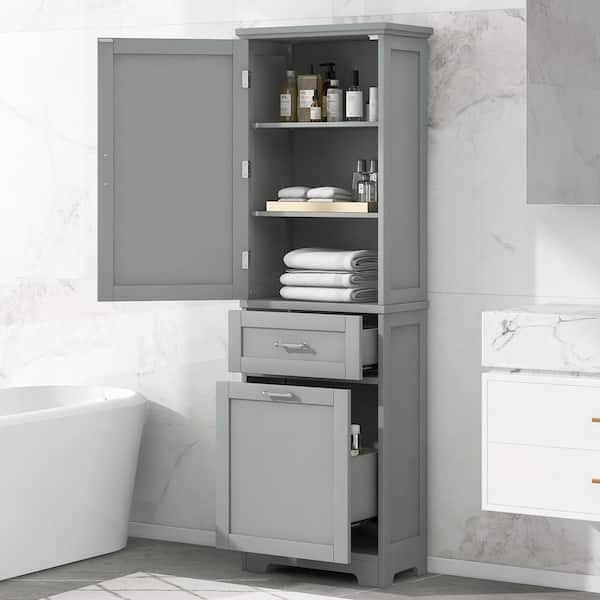 13.5 in. W x 13.5 in. D x 68.4 in. H Gray Wood Freestanding Storage Linen Cabinet with 2 Different Size Drawers