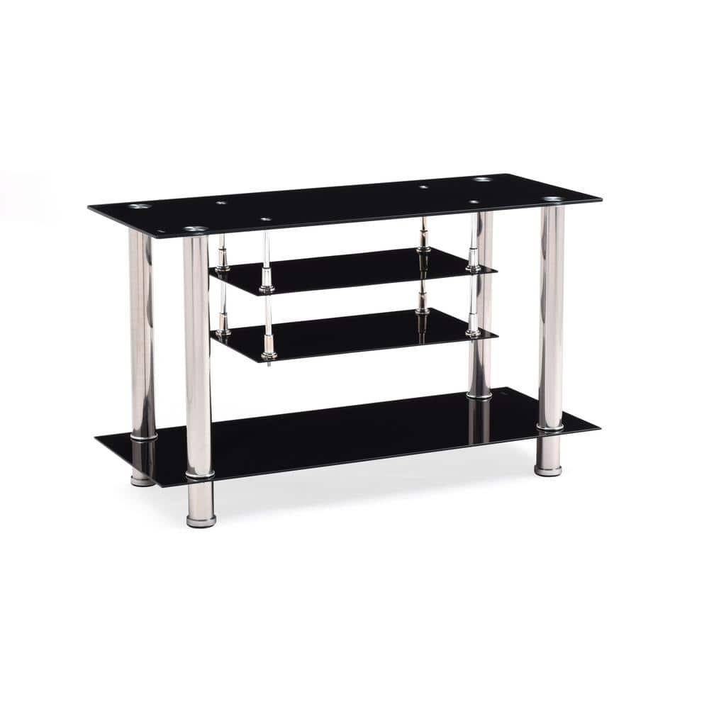 Black Tempered Glass and Metal TV Stand with Shelves