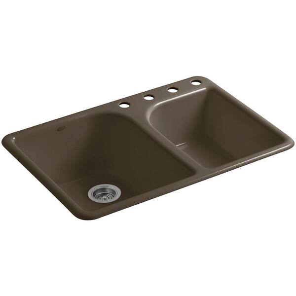 KOHLER Executive Chef Drop-In Cast-Iron 33 in. 4-Hole Double Bowl Kitchen Sink in Suede