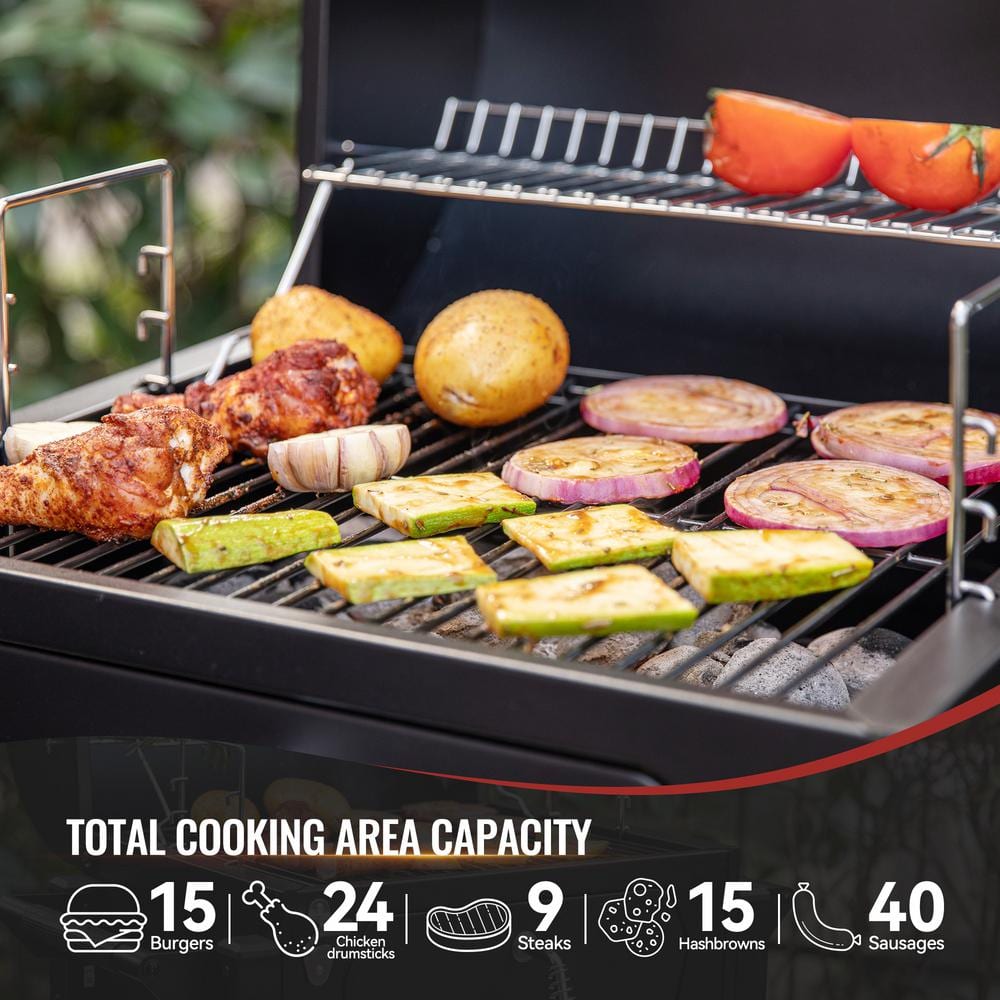 Compact Black Steel Portable Charcoal Grill with Warming Rack
