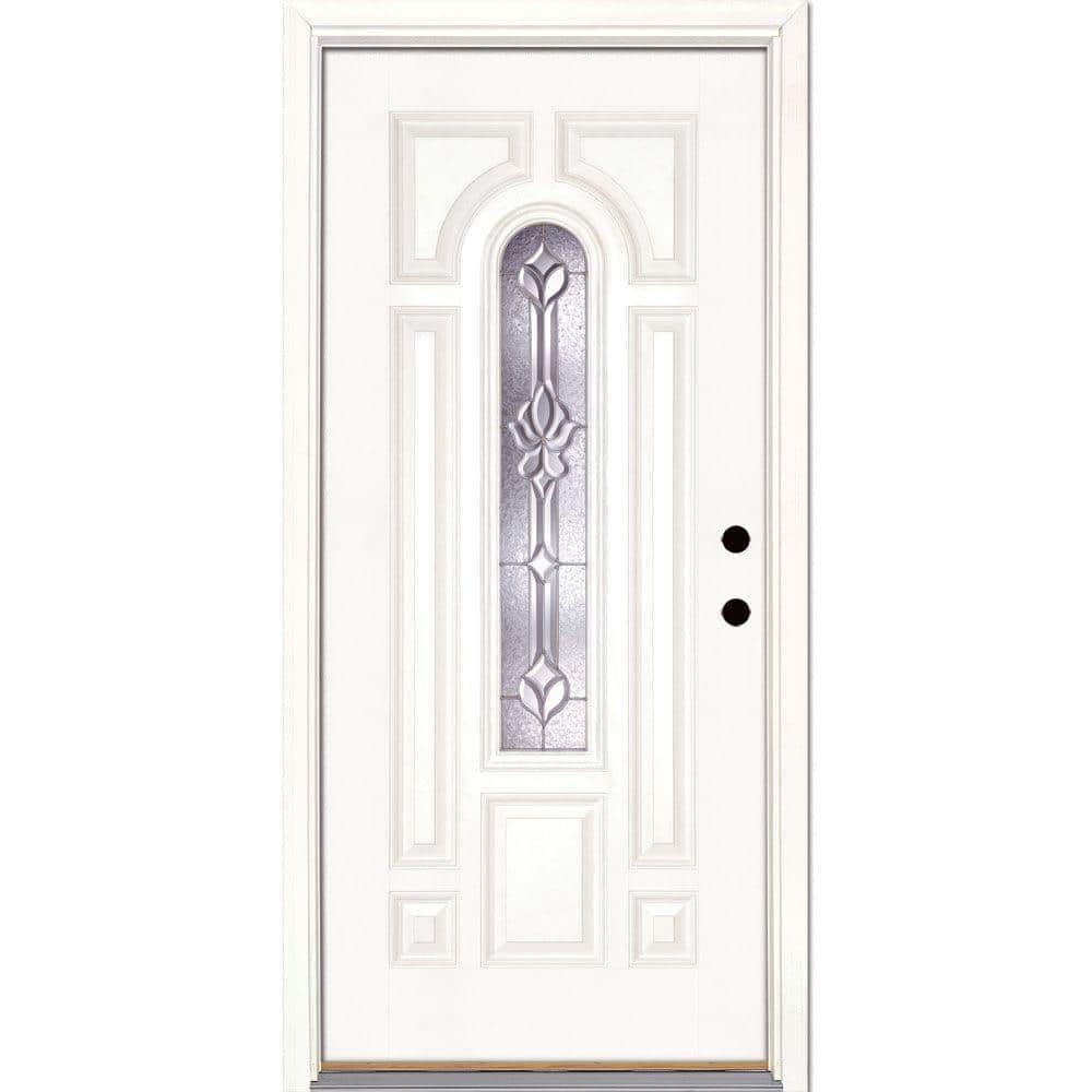 Feather River Doors 37.5 in. x 81.625 in. Medina Zinc Center Arch Lite Unfinished Smooth Left-Hand Inswing Fiberglass Prehung Front Door, Smooth White: Ready to Paint -  332190