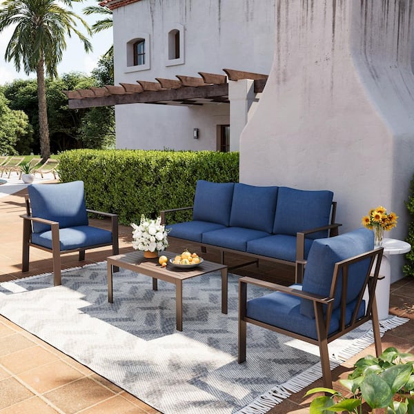 4-Piece Aluminum Patio Conversation Set with Navy Cushion