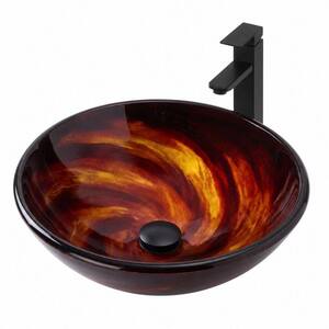 16.5 in. Vessel Bathroom Sink, Tempered Glass Vanity Round Bowl with Black Faucet and Pop up drain Set, Red