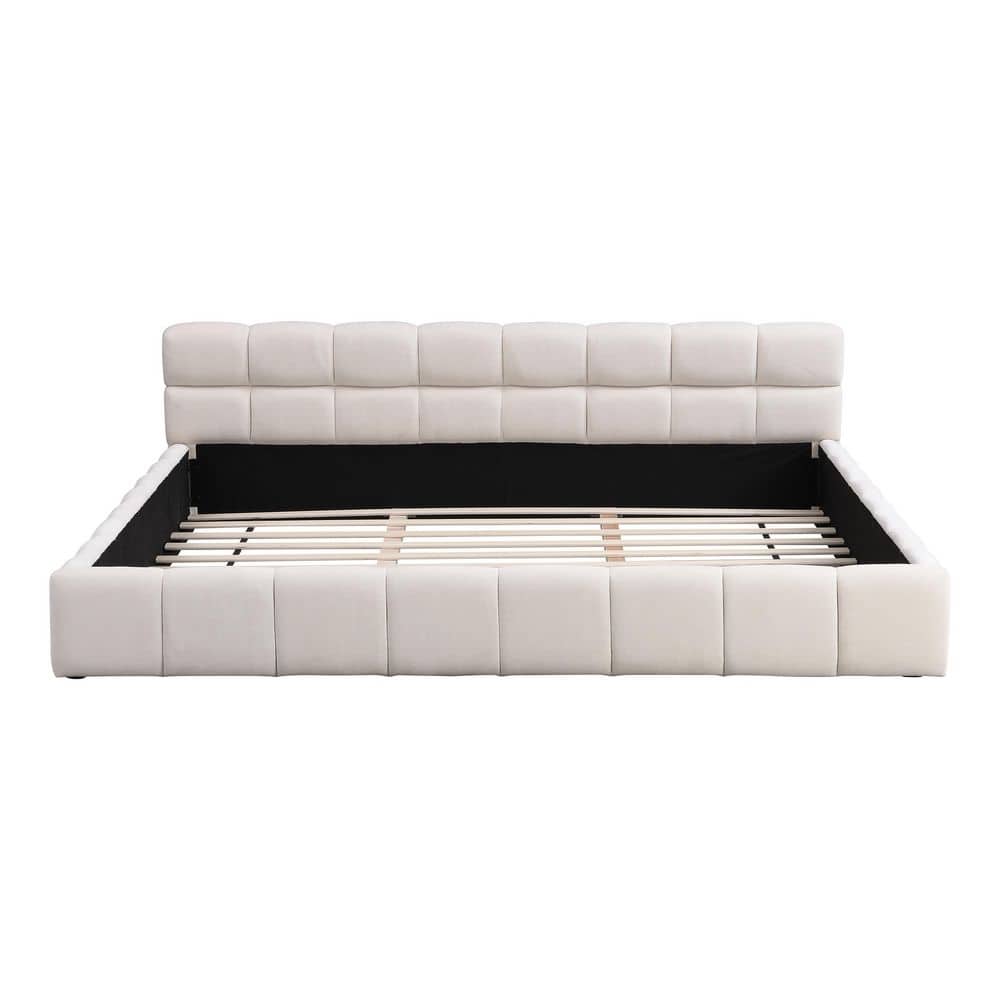 Jackson Beige Chenille Upholstered Wood Frame King Size Platform Bed with Checkerboard Headboard - thumbnail 4