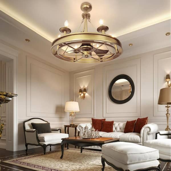 30 in. Indoor Gold Downrod Mount Ceiling Fan with Light and Remote, Fandelier with Candle-Style Bulbs (Not Included)