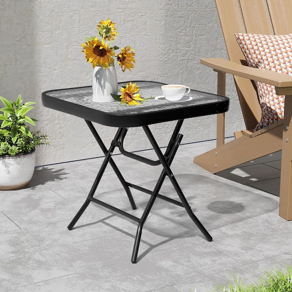 17.7 in. Black Square Foldable Metal Outdoor Glass Side Table