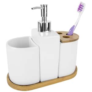4-Piece Ceramic Bathroom Sink Accessory Set with Bamboo Accents