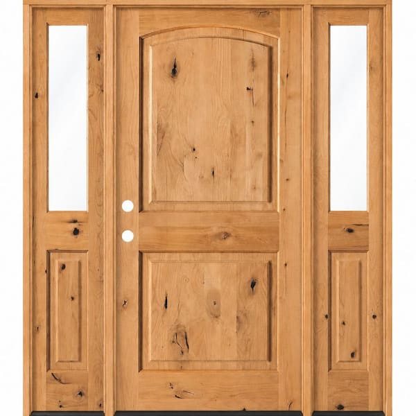 64 in. x 80 in. Knotty Alder 2-Panel Arch-Top Right-H and/Inswing Clear Glass Cedar Stain Wood Prehung Front Door W/DHSL