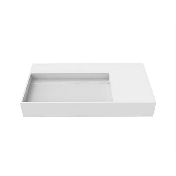 castellousa Juniper 35.43 in. Wall Mount Solid Surface Left Basin Rectangle Non Vessel Bathroom Sink No Faucet Hole in Matte White