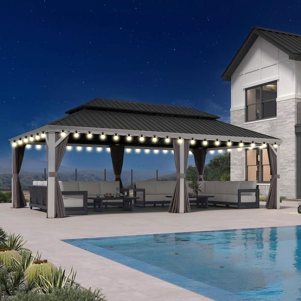 14 ft.x 24ft.White Luxury Aluminum Frame Hardtop Gazebo for Patio Deck Backyard Netting Hooks Upgraded Curtain 48-Lights
