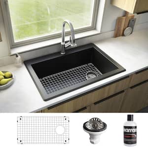 QT-670 Quartz/Granite 33 in. Single Bowl Top Mount Drop-In Kitchen Sink in Black with Bottom Grid and Strainer