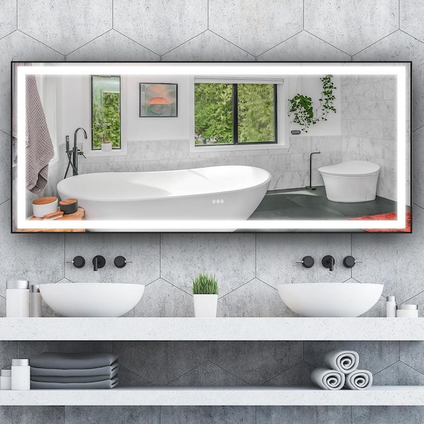 FORCLOVER 84 in.W x 32 in. H Rectangular Framed Anti-Fog Dimmable Front and Backlit LED Wall Bathroom Vanity Mirror in Matte Black