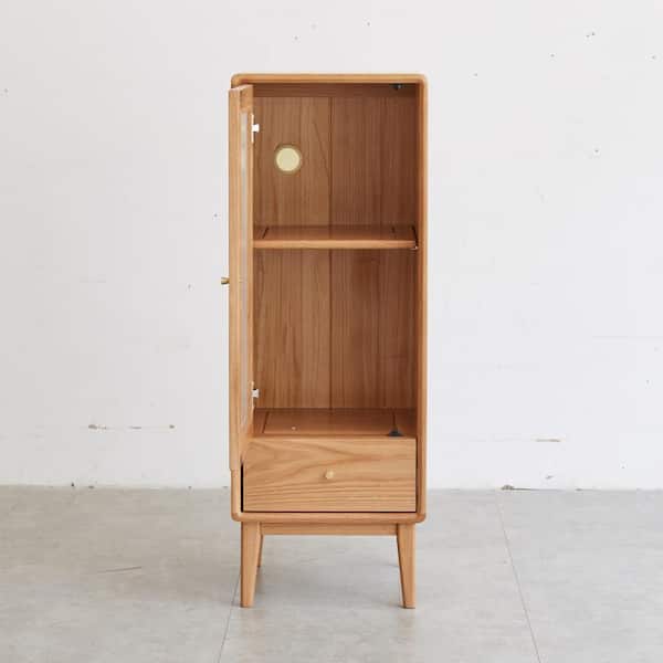Tahanbath olid Oak Vintage Corner Cabinet-Glass Doors, 2 Shelves, 1 Drawer, Brass Handles