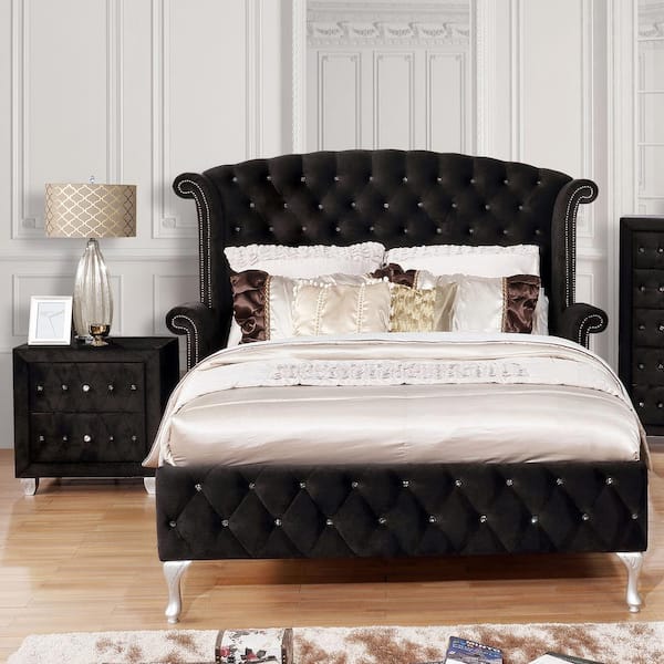Furniture of America Nealyn 2-Piece Black Wood King Bedroom Set, Upholstered Bed and Nightstand