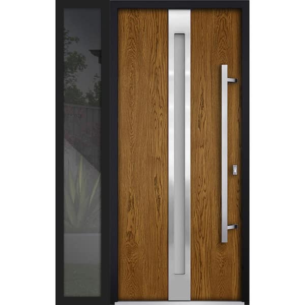 VDOMDOORS 50 in. x 80 in. Left-Hand/Inswing Sidelight Frosted Glass Natural Oak Steel Prehung Front Door with Hardware