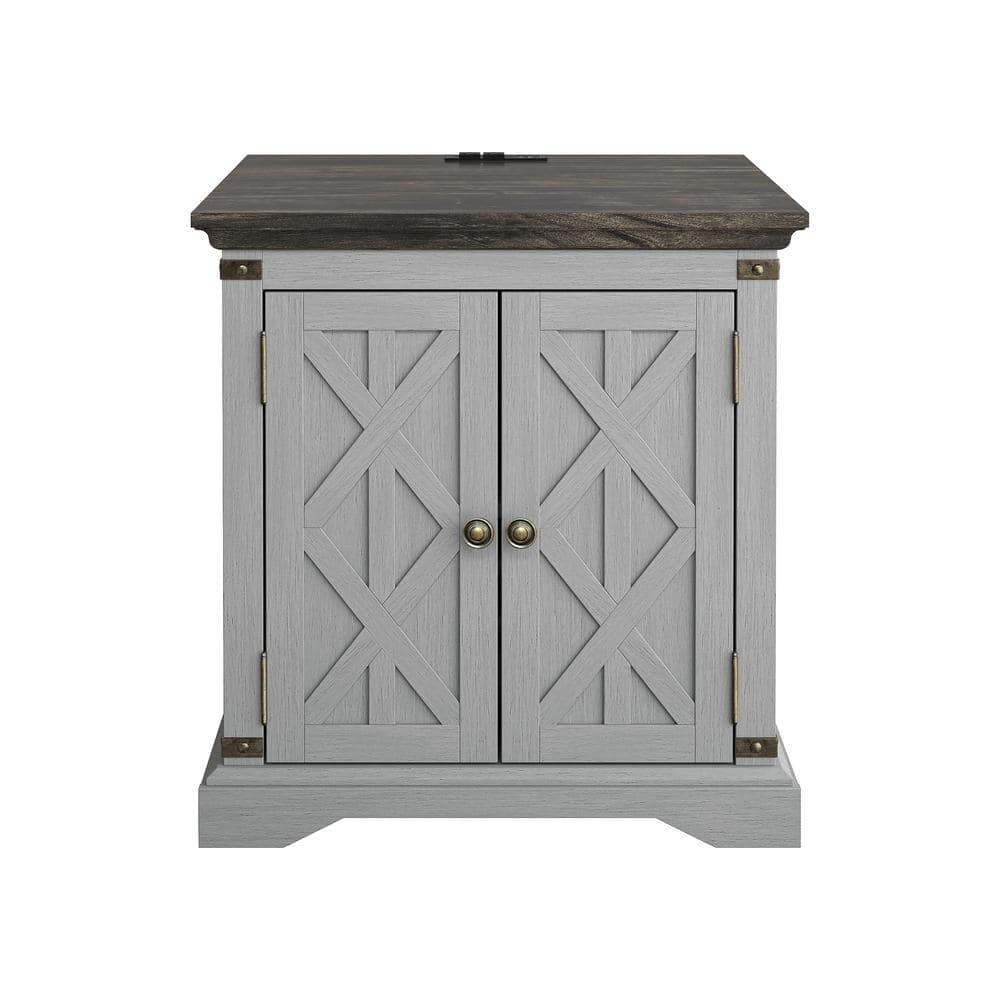 Farm House 24 in. Wild Gray Square Side Table Wood Top End Table with Adjustable Shelf and Charging Station