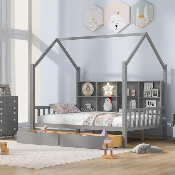 Harper & Bright Designs Gray Full Size Wooden House Bed with 2 Drawers ...