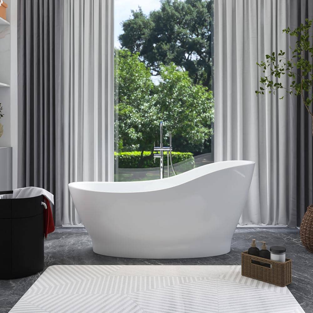 59 in. x 28 in. Acrylic Freestanding Soaking Bathtub in Glossy White