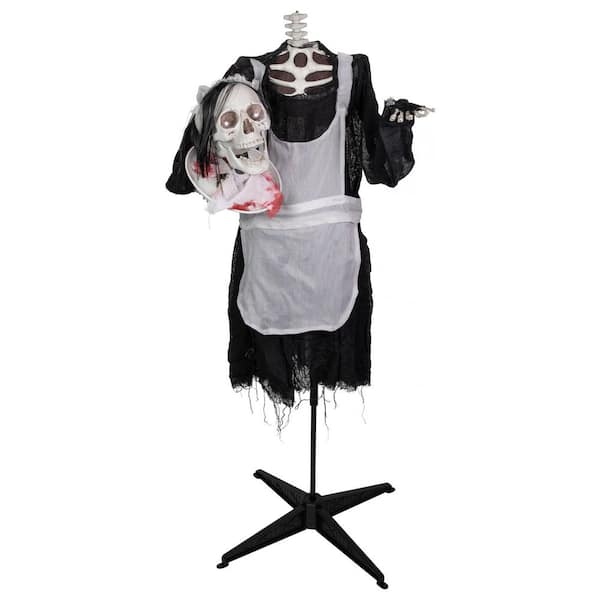 57 in. Lighted LED Head-in-Hand Animated Skeleton Maid Halloween Decoration