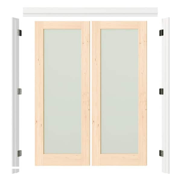 48 in. x 80 in. Full Lite Frosted Glass Light Brown Pine Wood Universal/Reversible Pre-hung French Door with Jamb