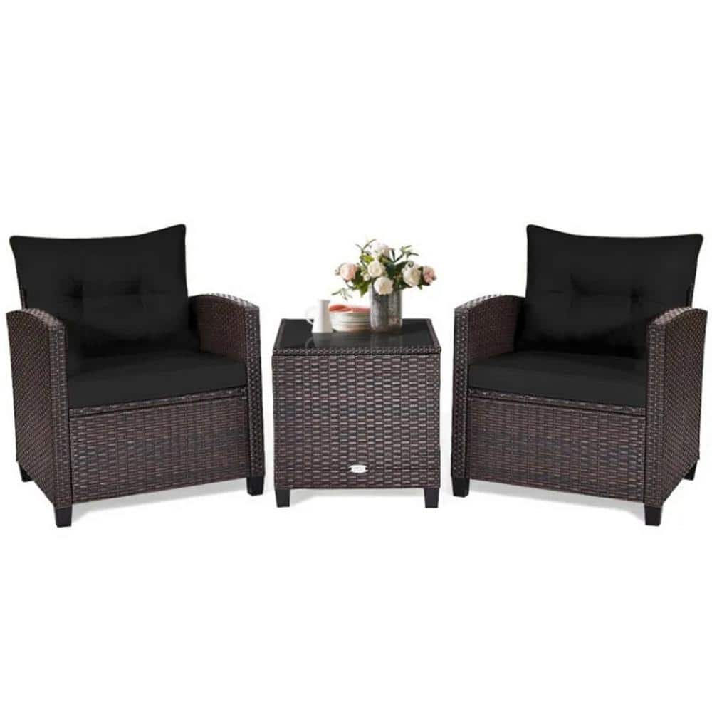 Brown 3-Piece Wicker Outdoor Lounge Chair Without Sunshade with Black Cushi