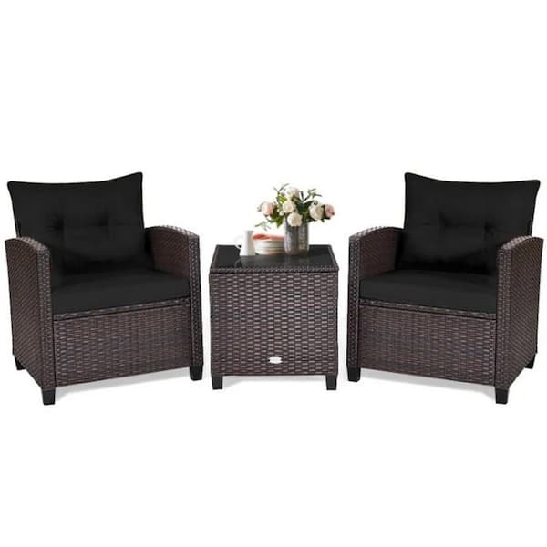 Brown 3-Piece Wicker Outdoor Lounge Chair Without Sunshade with Black Cushion