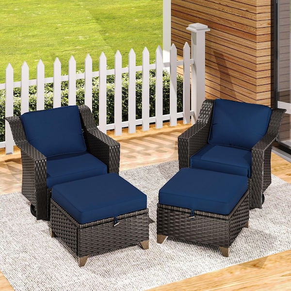 JOYSIDE 4-Piece Wicker Outdoor Pation Conversation Swivel Rocking Chair Set and Ottomans with Blue Cushions