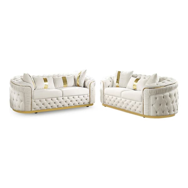 Vanison 2-Piece Beige and Gold Acceny Fabric Sofa Set with Button Tufting and Slope Curved Arm